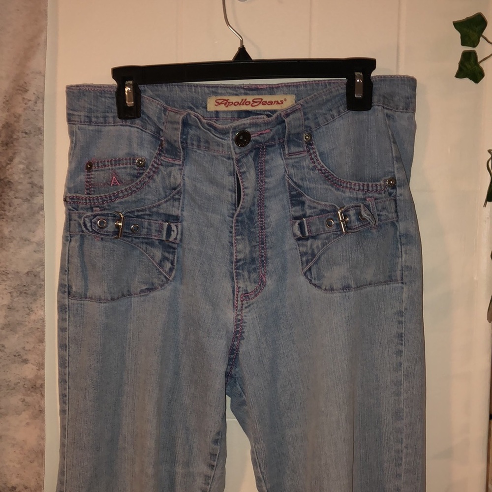Vintage Unique Apollo Jeans size 13/14 with unique buckles and pink thread - Picture 2 of 10